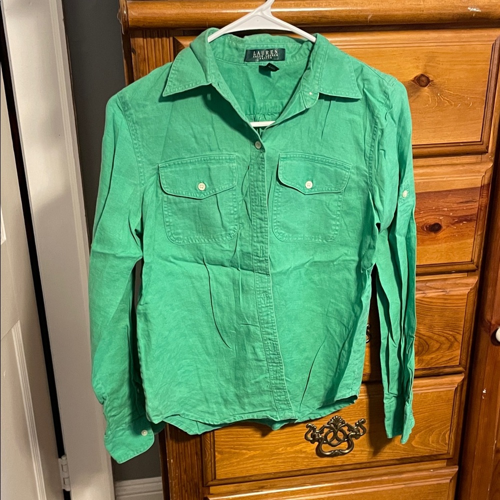 Lauren Ralph Lauren Petite Teal Linen Blouse
